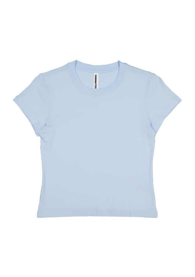 A light blue women's baby tee with a fitted style. Features a tag inside and no visible logos.
