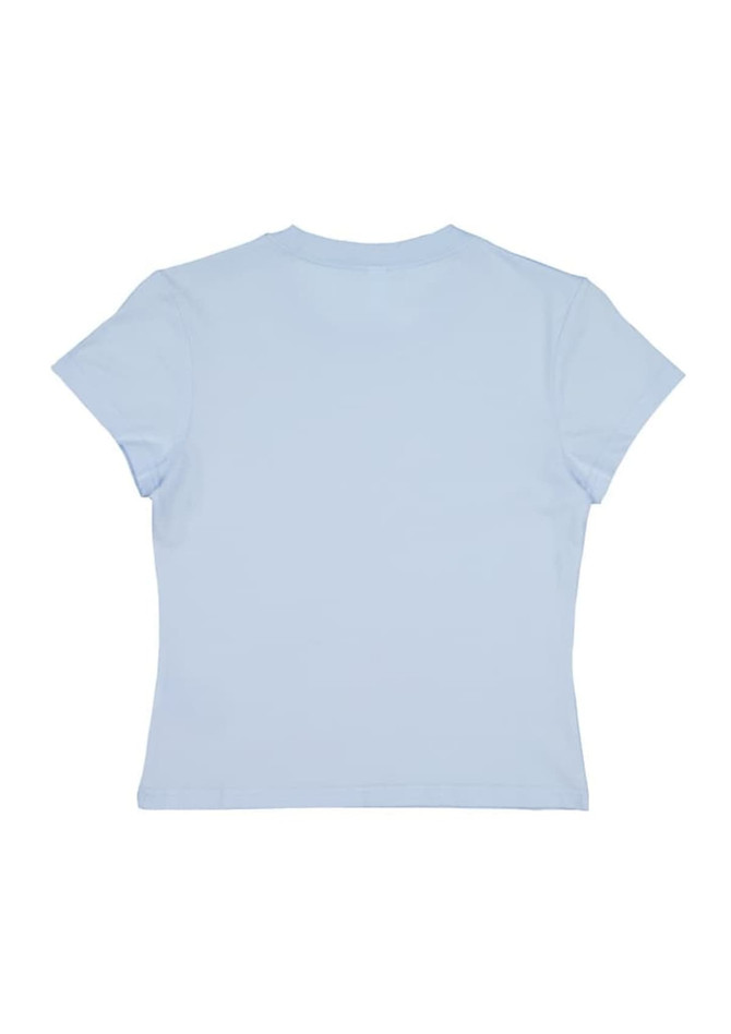 A light blue women's baby tee with short sleeves, featuring a branded logo on the back.