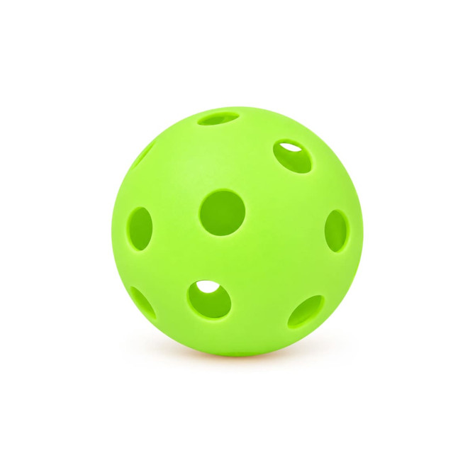 A bright green pickleball with multiple holes for gameplay.