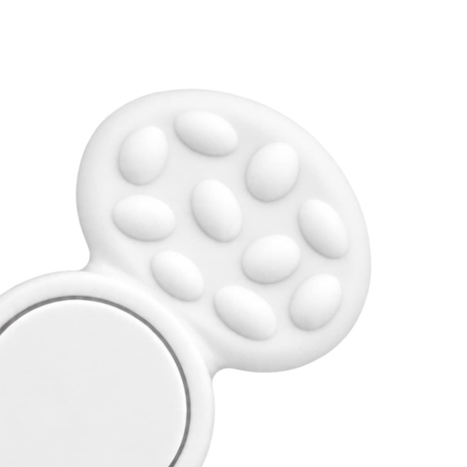 A white fidget spinner featuring textured surfaces for tactile stimulation, with a smooth central disc and raised dots.