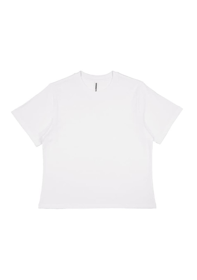A white boxy women's tee with short sleeves. The shirt features a faint logo at the neck.