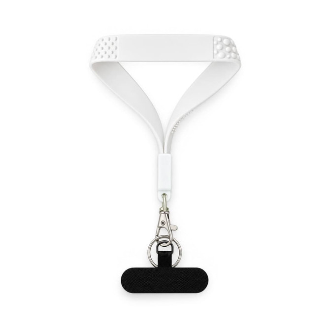 A white wrist strap featuring tactile bumps and a black keytag attachment with a metal clasp.