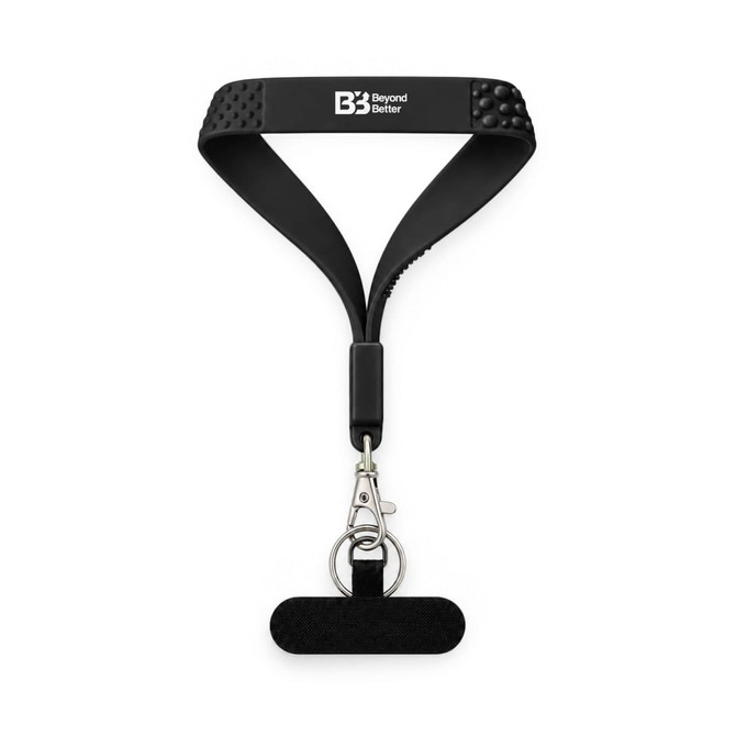 A black wrist holder with tactile grip features, a metal clip, and a keyring attachment. Features a logo.