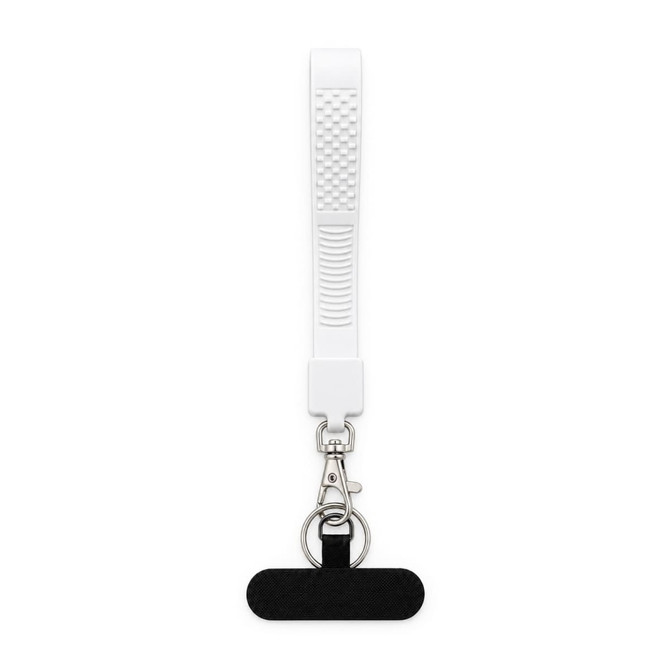 A white wrist strap keytag with a textured grip, featuring a metal clip and a circular keyring.