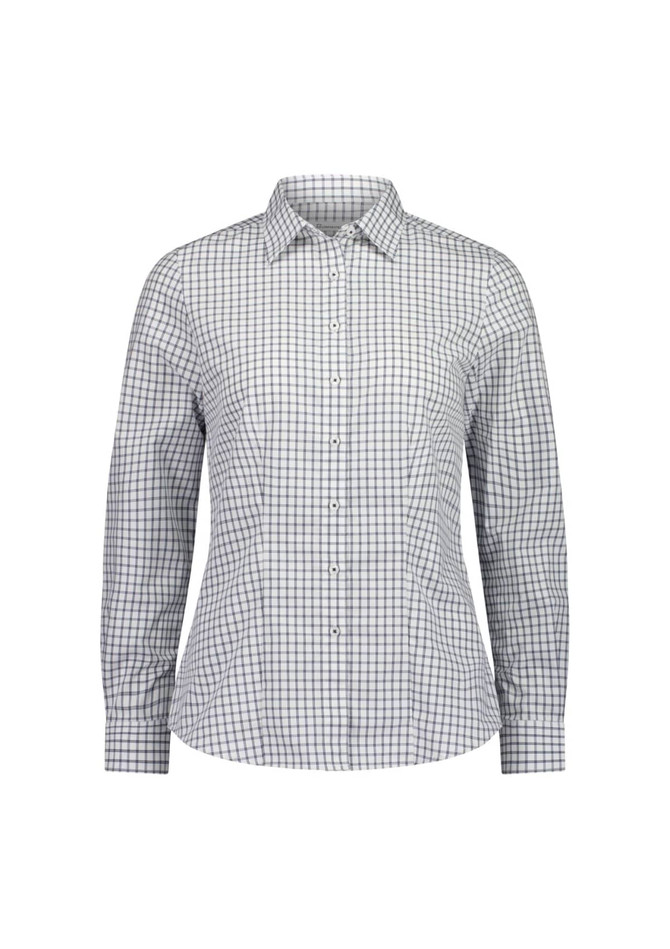 A long sleeve women's shirt featuring a grid pattern in white and navy blue, with a collared neck and button front.
