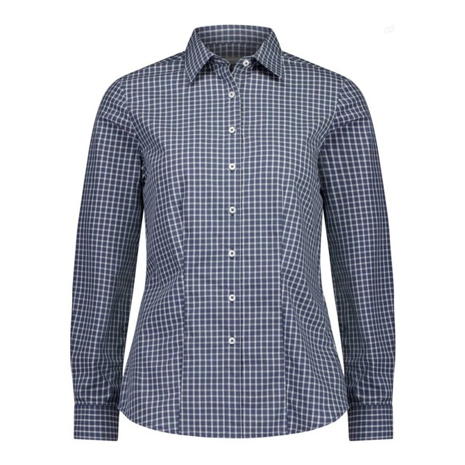A women's long sleeve shirt in navy and white check pattern, featuring a collared neckline and button front.