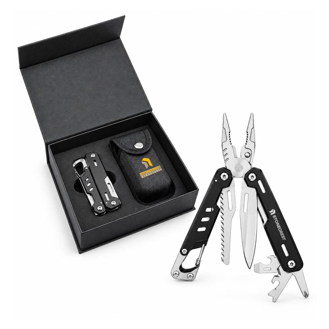A multi-tool with black handles and multiple stainless steel tools, displayed with a black box and pouch.