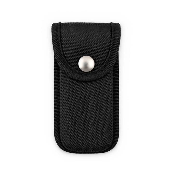 A black fabric pouch with a snap closure, designed to hold a multi-tool. It features a textured surface and rounded edges.
