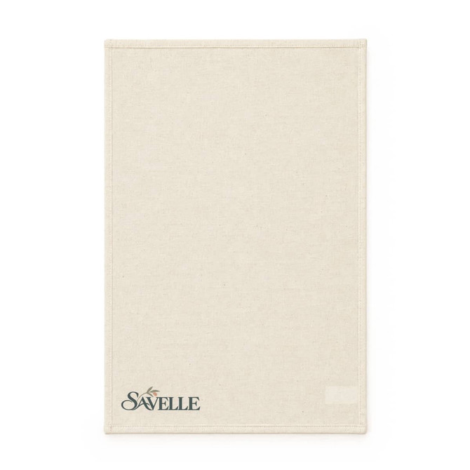 A beige cotton tea towel featuring a logo at the bottom. The fabric has a textured appearance.