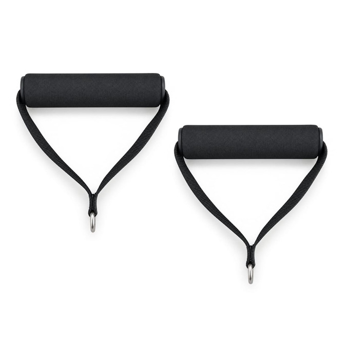 A pair of black resistance training handles with padded grips and adjustable straps for fitness use.