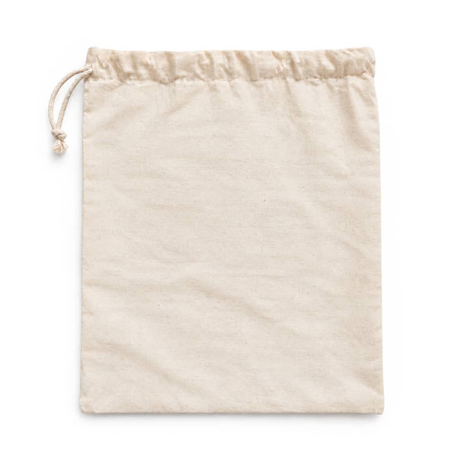 A cream-coloured drawstring pouch made of fabric, featuring a simple design without any text or branding.