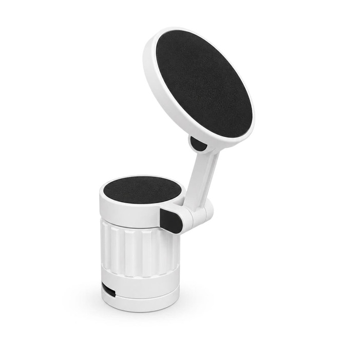 A white phone holder with a rotating black grip, featuring a cylindrical base and an adjustable arm.