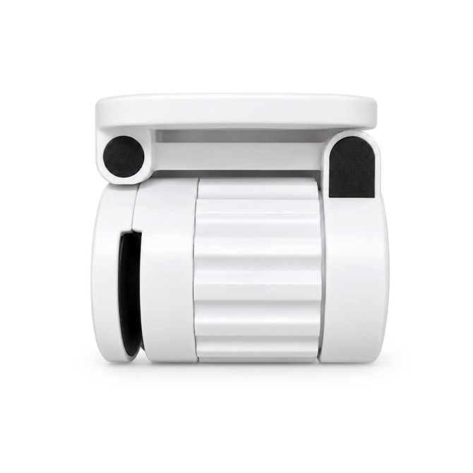 A white phone holder with a textured grip and magnetic base, featuring black accents and a compact design.