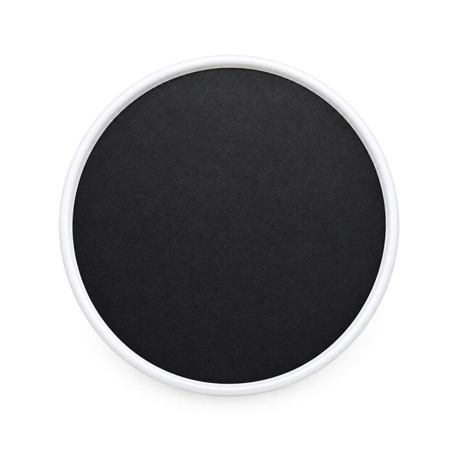 A round phone holder featuring a white rim and a black centre. It has a smooth surface and a subtle logo.