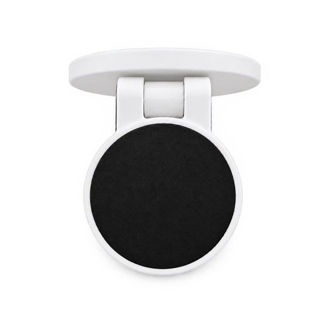 A circular phone holder in white and black, featuring a sleek design. It includes a logo on the back.