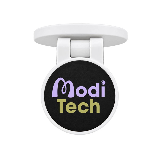A round phone holder in white with a dark circular base featuring a logo in purple and green.