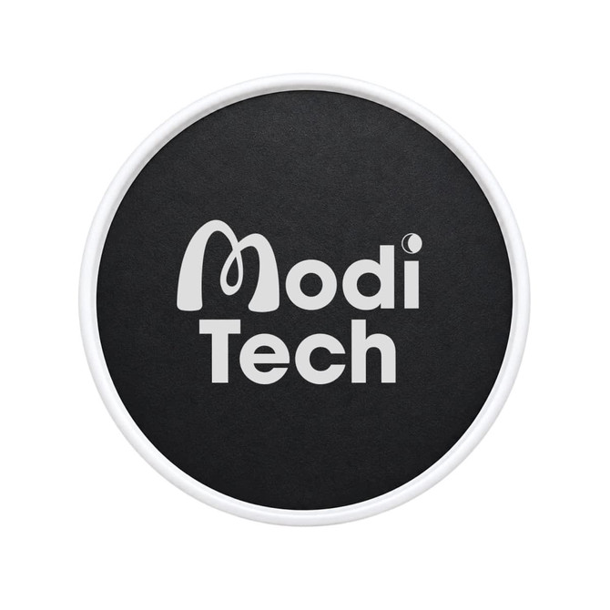 A black circular phone holder with a white border and branding in the centre.