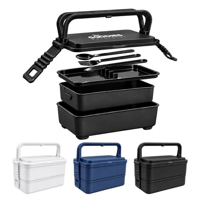 A black lunchbox with a handle and two stacked trays, accompanied by utensils. Features white and blue colour variations.