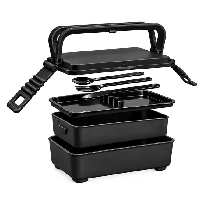A black lunchbox with two stacked containers, a removable top tray, and two spoons, featuring a handle.