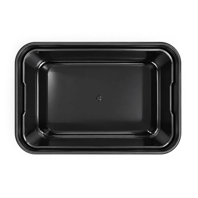 A black double tray lunchbox featuring a smooth interior and a durable design. It has a simple, functional shape.