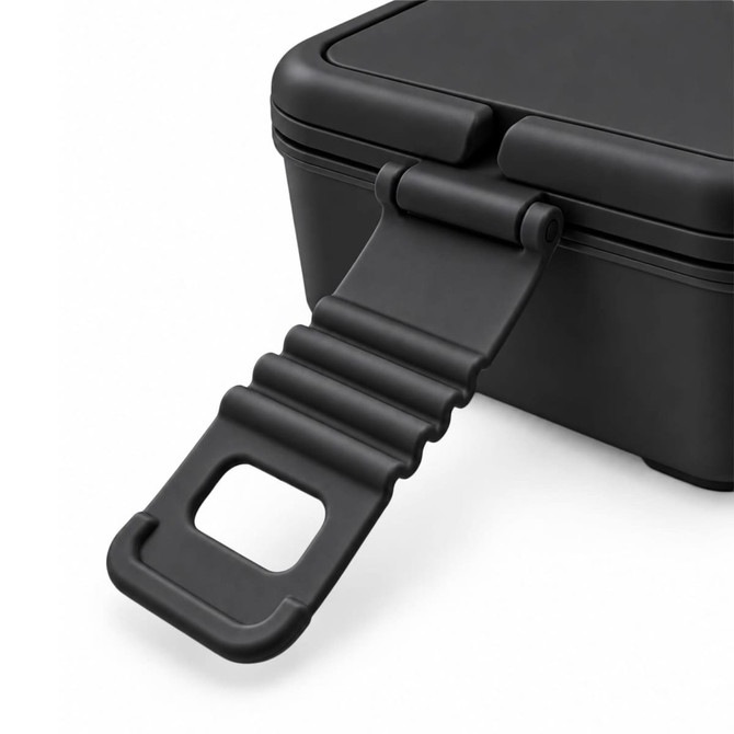 A black lunchbox featuring a detachable handle and a secure lid is prominently displayed. It has a sleek design.