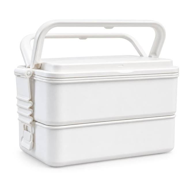 A white double tray lunchbox with a handle and two stacked compartments, featuring a simple design.