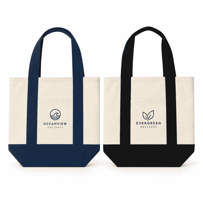 Two canvas totes displayed side by side: one navy blue with a logo, and one black with a different logo, both cream-coloured.