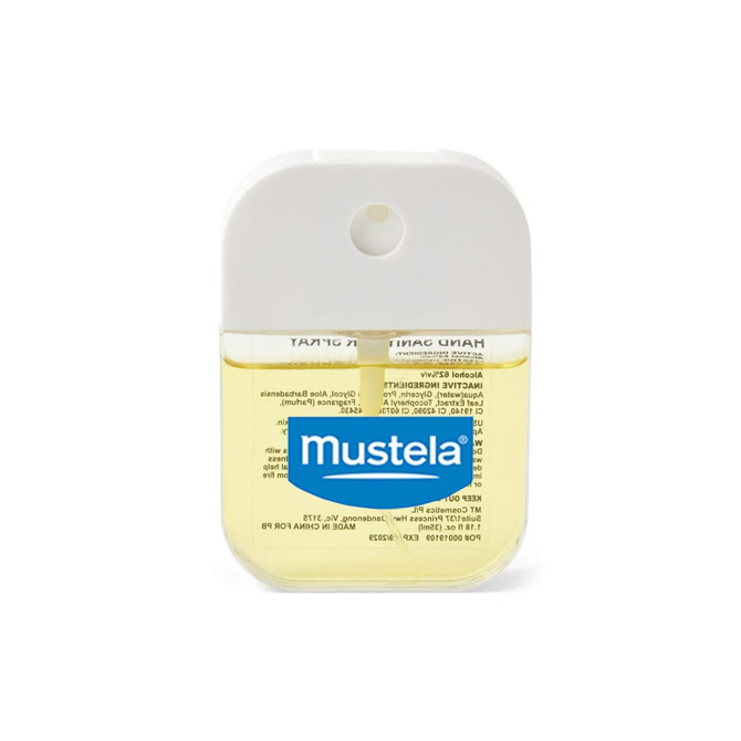 A 35ml spray sanitiser in a clear container with a white cap and a blue logo, containing a yellow liquid.