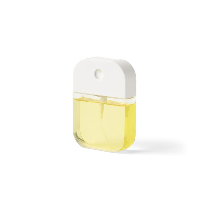 A 35ml spray sanitiser bottle with a transparent yellow liquid and a white cap, featuring a logo.