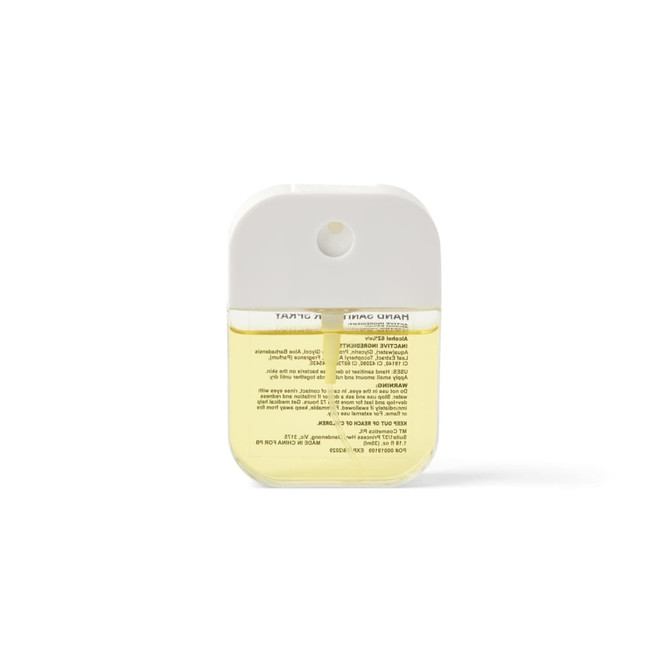 A 35ml spray sanitiser in a transparent container with a white cap, featuring a logo on the front.