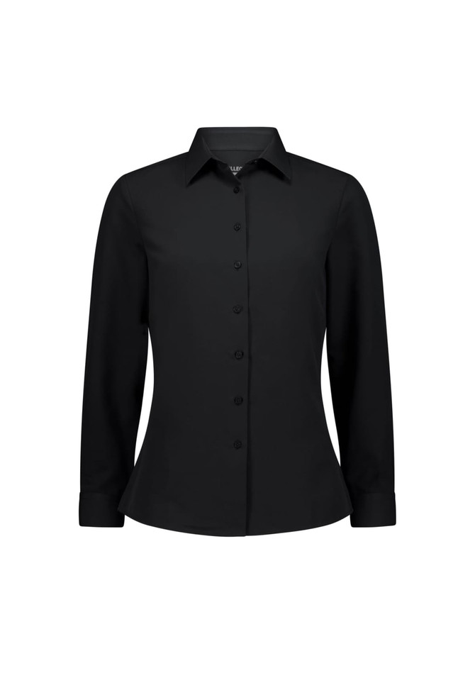 A black long sleeve women's shirt with a button-up front and a fitted design, featuring a logo.