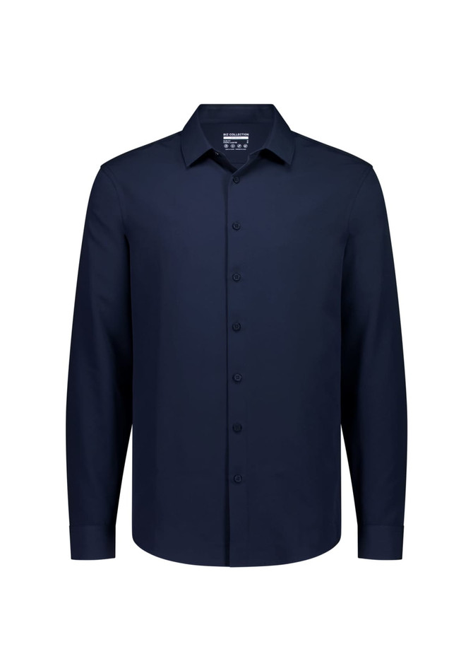 A navy long sleeve shirt with a button-up front and a collar, featuring a logo on the label.
