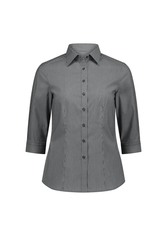 A women's 3/4 sleeve shirt in a black and white striped pattern, featuring a collared neckline and button front.