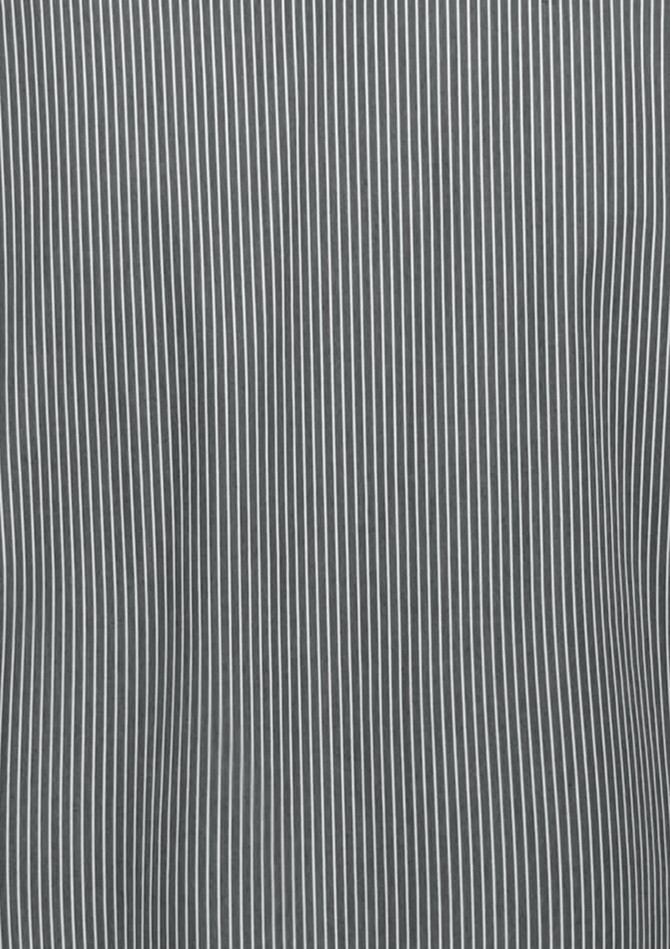 A 3/4 sleeve shirt featuring a vertical striped pattern in shades of grey. The shirt has a logo on it.
