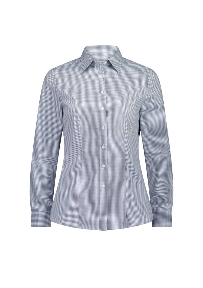 A long sleeve women's shirt in a navy and white gingham pattern. It features a collared neckline and a fitted shape.