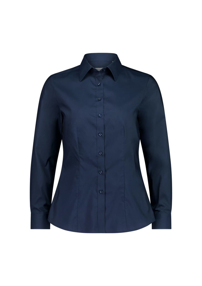 A long sleeve shirt in navy blue featuring a fitted design and a button-up front. It has a collar and a logo.