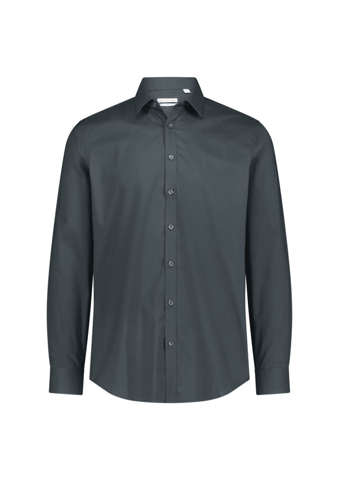 A long-sleeve men's shirt in a dark grey with a button-down collar and a logo on the chest.