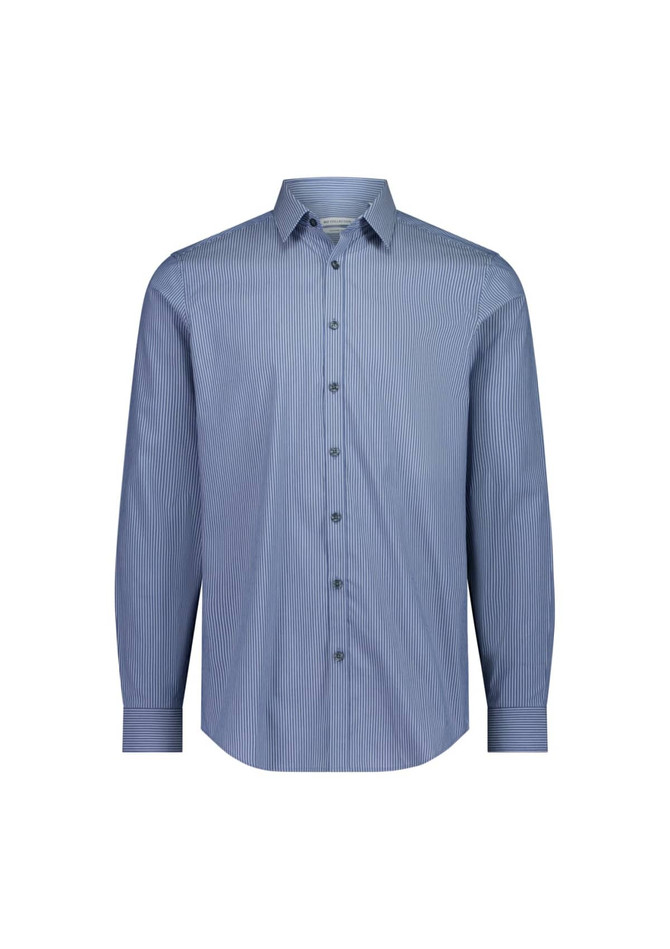 A slim fit long sleeve shirt in a blue and white striped pattern, featuring a collar and button-down front.