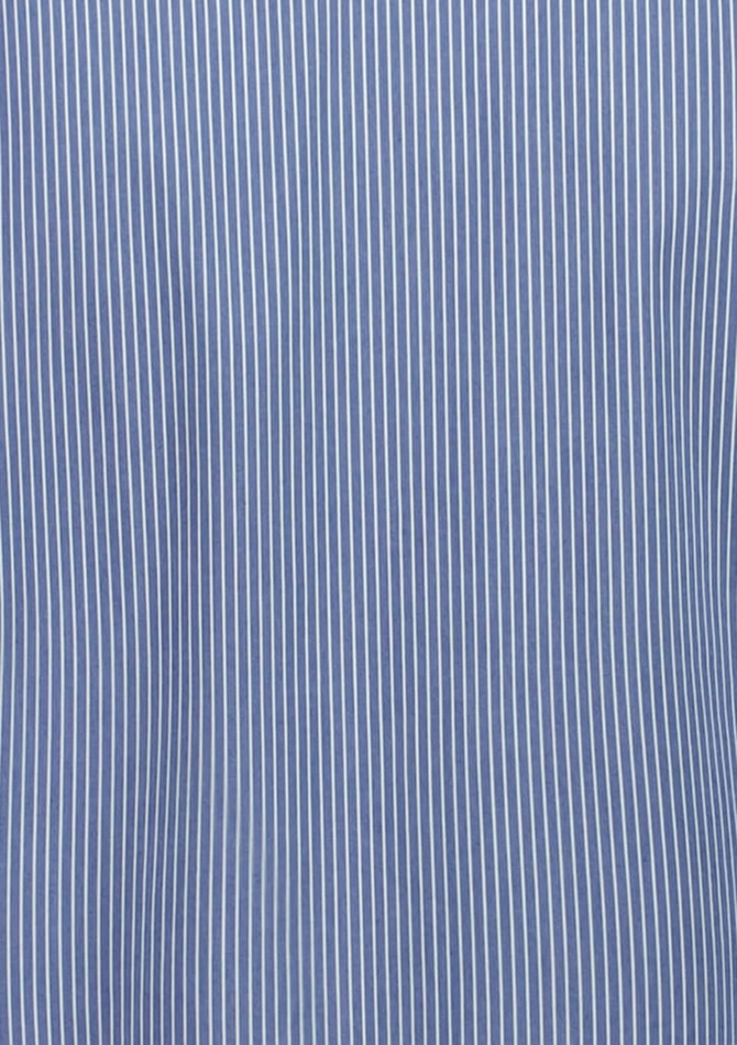 A women's 3/4 sleeve shirt in blue with white vertical stripes, featuring a logo on the design.