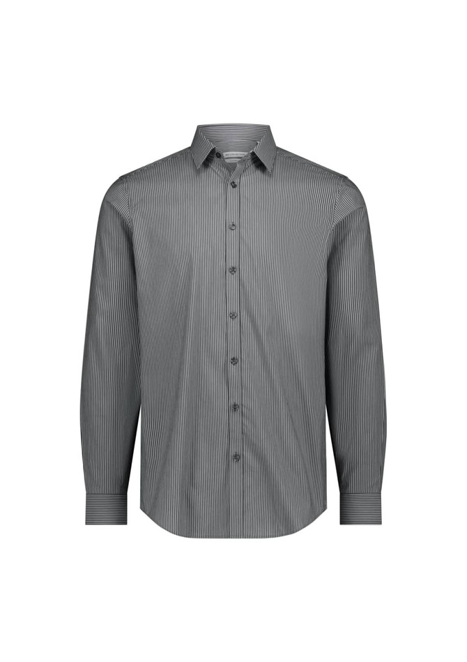 A men's slim fit long sleeve shirt in black and white stripes, featuring a collar and button-up front. Has a logo.