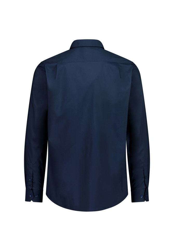 A classic fit long sleeve shirt in navy blue, featuring a back view with buttoned cuffs and a collar.