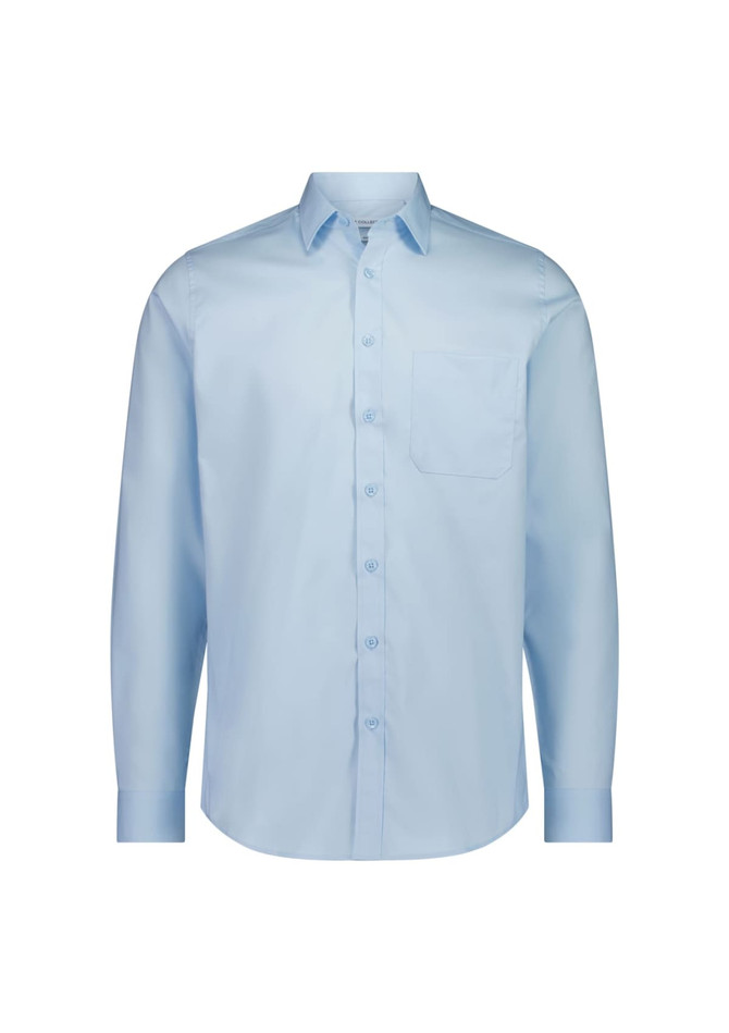 A light blue long sleeve shirt with a classic fit and a single chest pocket. It features buttons down the front and a collar.