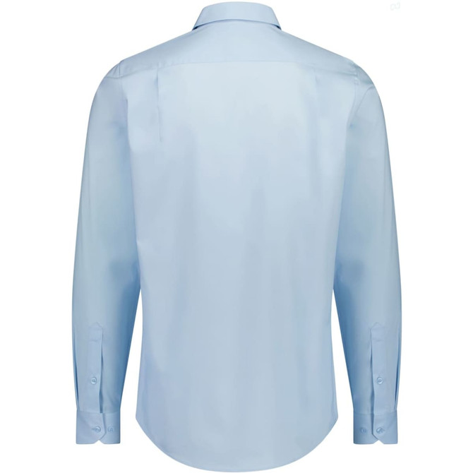 A light blue long sleeve shirt with a classic fit, featuring a collar and buttoned cuffs. It has a branding logo.