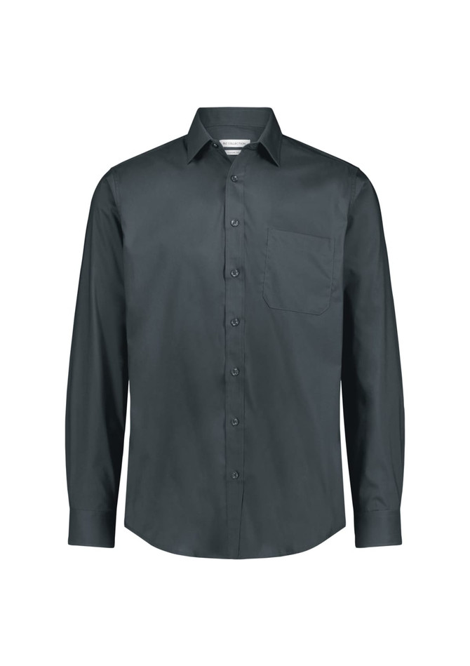 A men's classic fit long sleeve shirt in dark grey with a single chest pocket and button-up front.