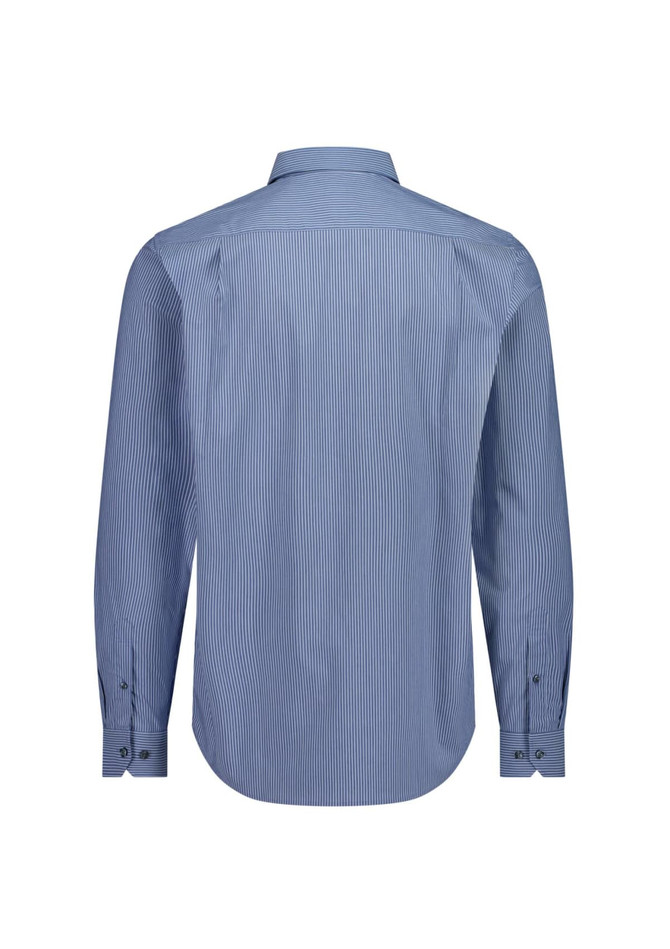 A classic fit long sleeve shirt in blue with a striped pattern, featuring a collar and buttoned cuffs.