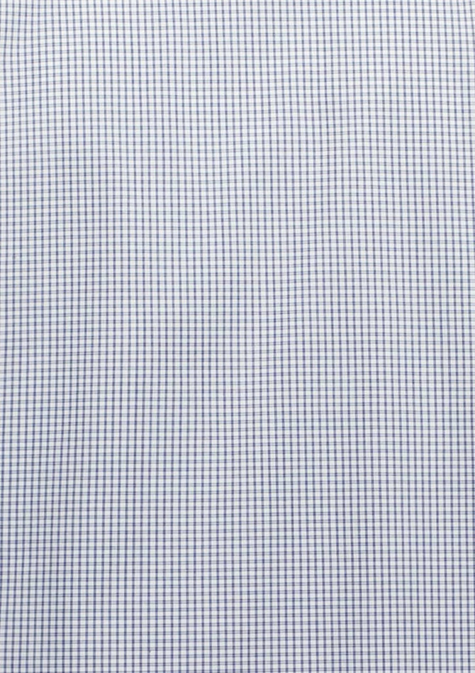 A 3/4 sleeve women's shirt featuring a checkered pattern in blue and white, with a logo on the fabric.