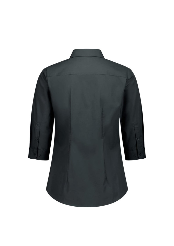 A black women's 3/4 sleeve shirt, featuring a collar and buttoned cuffs, with a smooth fabric finish.