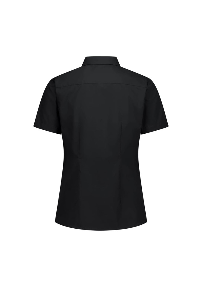 A black short sleeve women's shirt with a collar and a fitted design. It features a logo on the back.