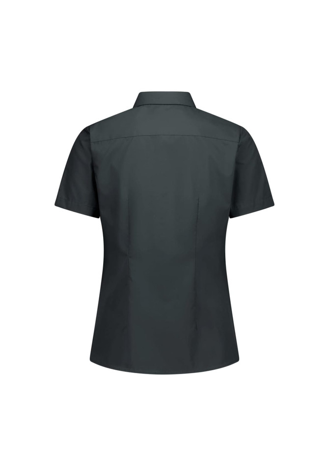 A dark grey short sleeve shirt with a collar and a fitted design, featuring a logo.