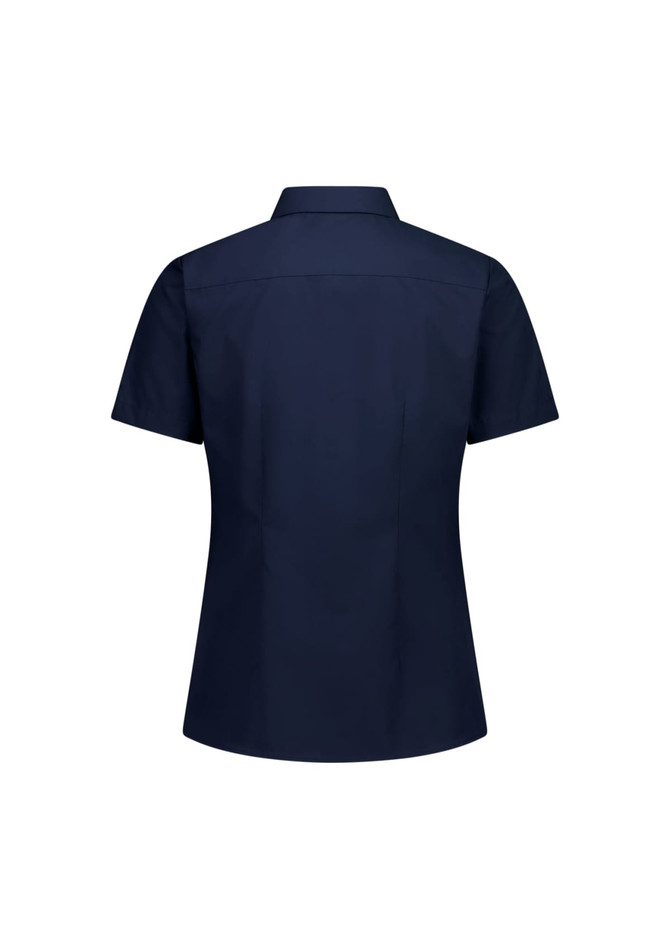A short sleeve women's shirt in navy blue with a tailored fit and a branding logo.